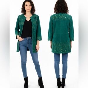 Chi Carlos Falchi green suede leather jacket laser cut out details